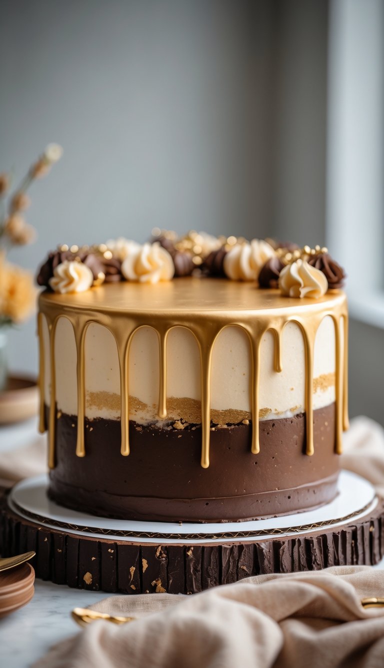 A gold drip cake with a chocolate base decorated in brown and gold tones.